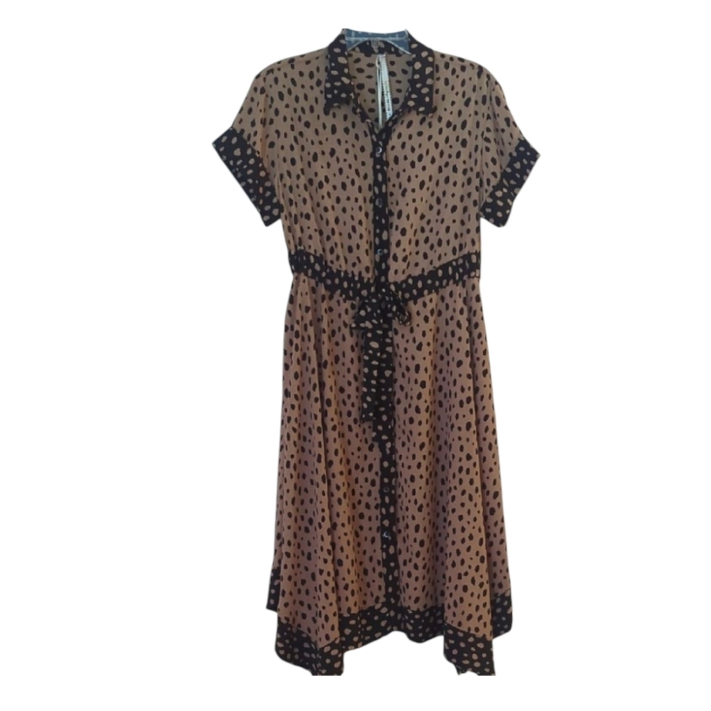 IVY JANE UNCLE FRANK ANIMAL PRINT BUTTON FRONT MIDI SHIRT DRESS SMAL Tan & Black